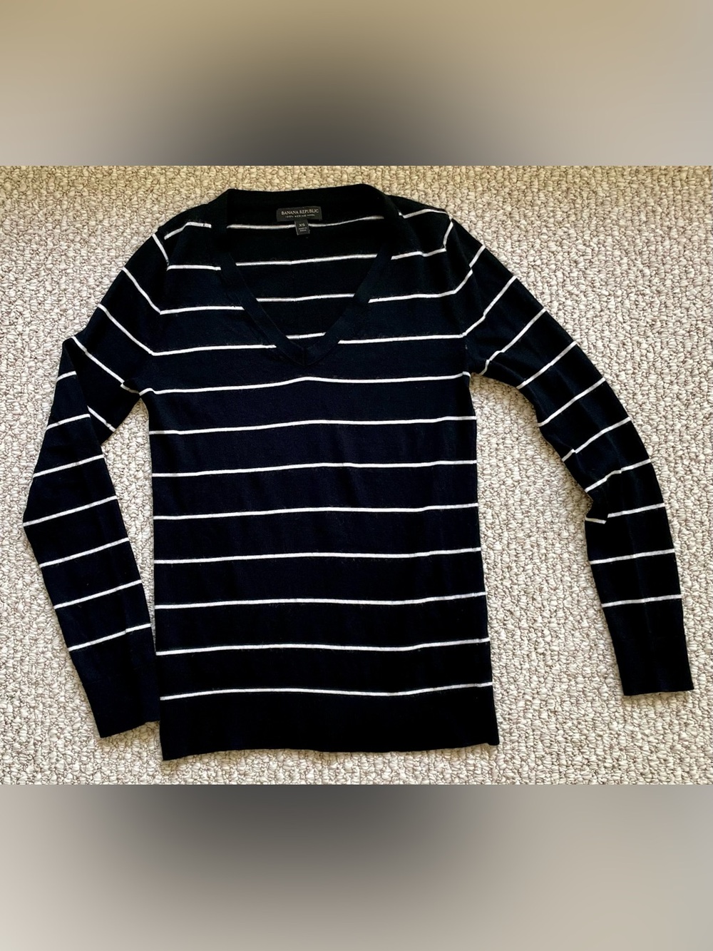 Banana Republic Black and White Striped V-Neck Pullover